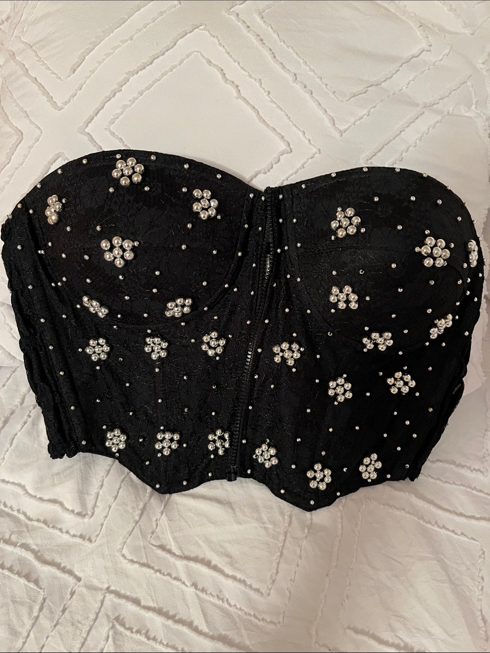 Embellished Black Bustier with Front Zip
